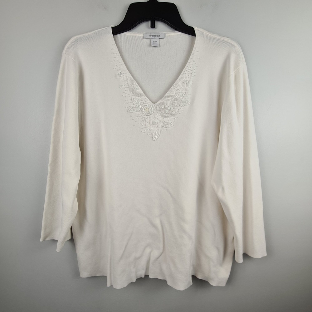 Dressbarn Woman Ivory V-Neck Beaded Floral Embroidered 3/4 Sleeve Sweater 18/20